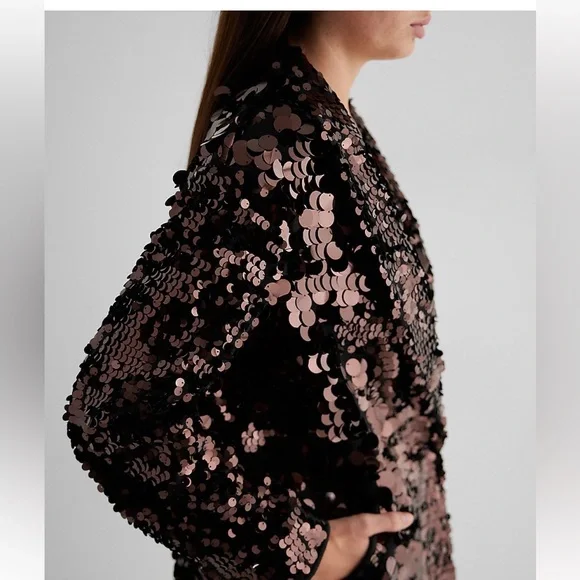 Express NWT Sequin One Button Trench Coat Bronze Brown Size Small - Picture 4 of 10